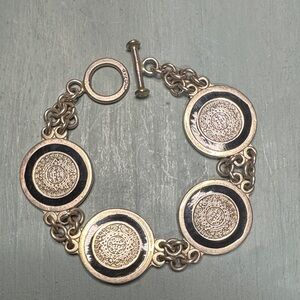 925 Sterling Silver Black Enamel Mayan Calendar Bracelet